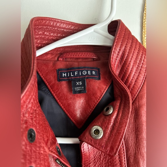 Vintage 90’s Tommy Hilfiger Red Leather Moto Jacket Preppy Americana Streetwear - Picture 5 of 9